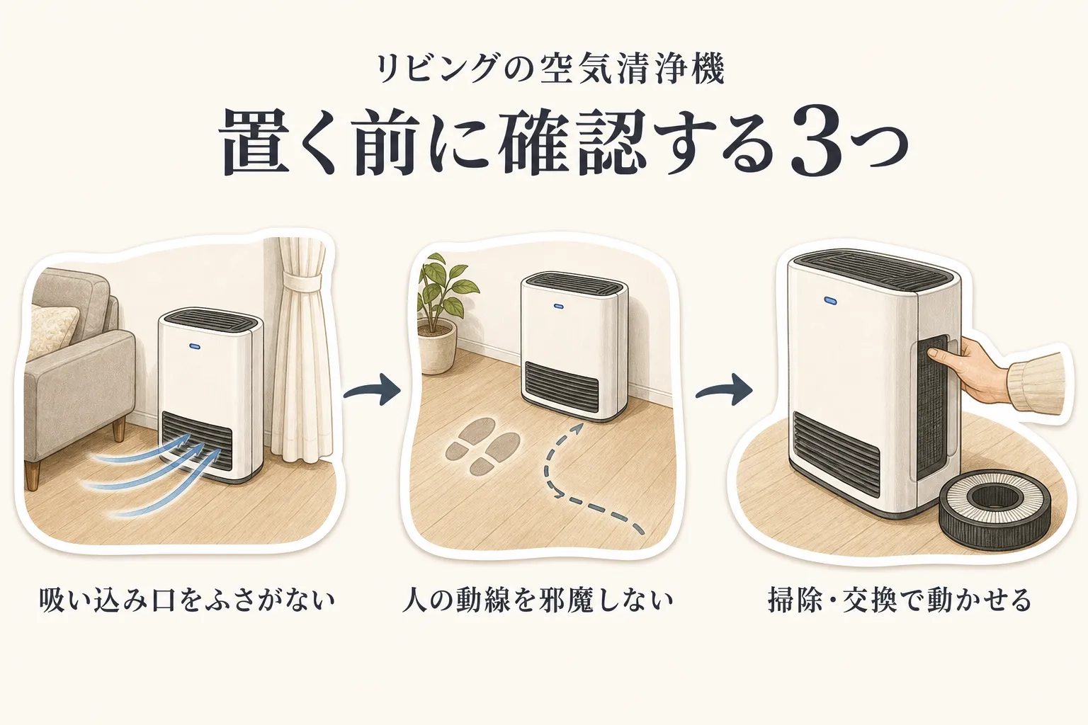 リビングの空気清浄機を置く前に確認する3点。ソファやカーテンで吸い込み口をふさがない、人の動線を邪魔しない、掃除やフィルター交換の際に本体を動かせることを、イラストで示している。