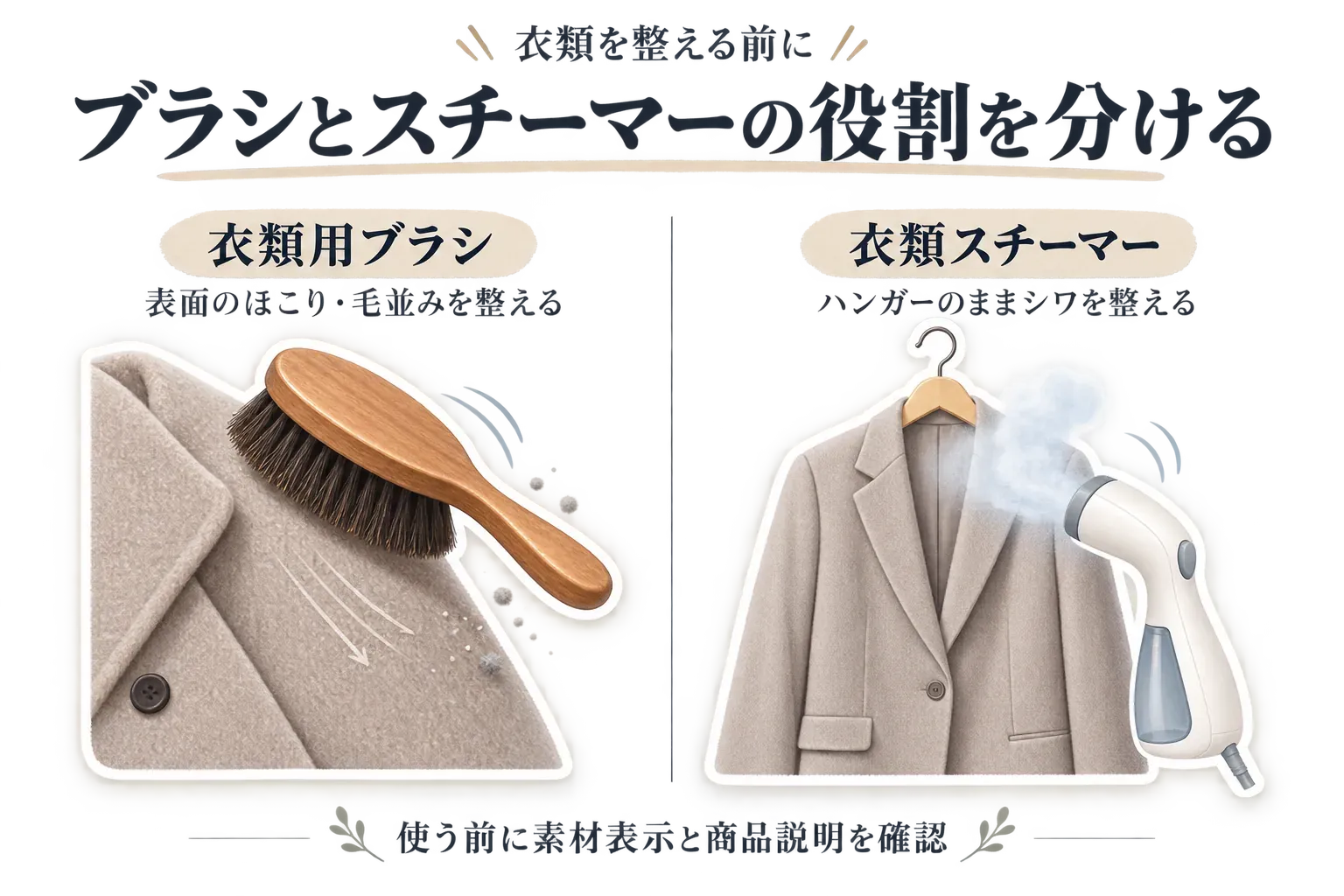 衣類用ブラシはコート表面のほこりや毛並みを整え、衣類スチーマーはハンガーに掛けたジャケットのシワを整える役割分担と、使用前に素材表示・商品説明を確認することを示した図。
