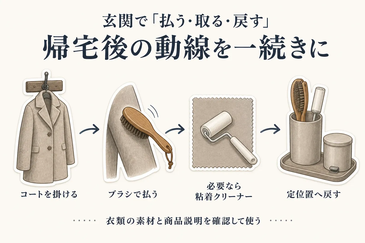 玄関で帰宅後の動線を一続きにする図。コートを掛ける、ブラシで払う、必要なら粘着クリーナーを使う、ブラシとクリーナーを定位置へ戻す4段階と、衣類の素材と商品説明を確認して使う注意を示している。