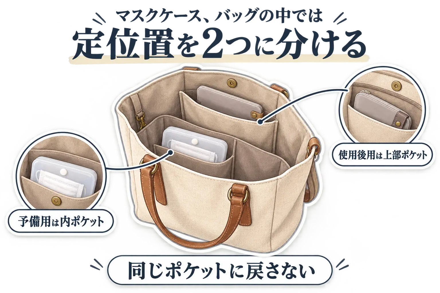 バッグの中で、青いケースに入れた予備用マスクと灰色のケースに入れた使用後用マスクを別のポケットに分け、同じポケットに戻さないことを示す図。