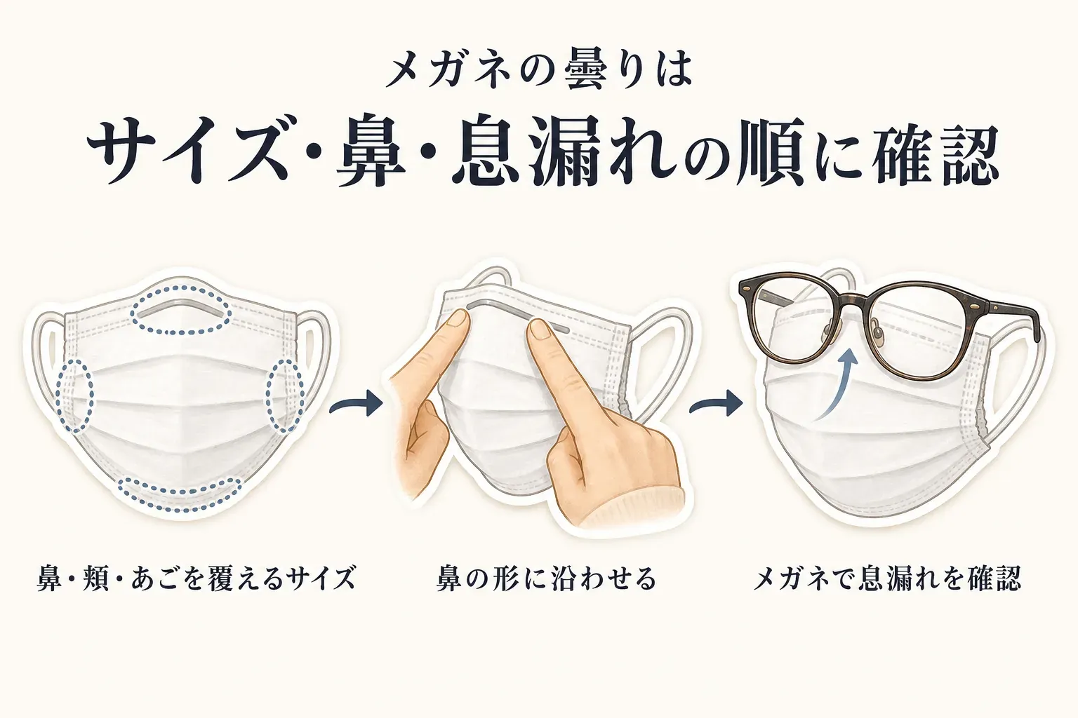 メガネの曇りを確認する順序として、鼻・頬・あごを覆えるサイズを選ぶ、鼻の形に沿ってマスク上端を調整する、メガネを掛けて息漏れを確認する3段階を示している。