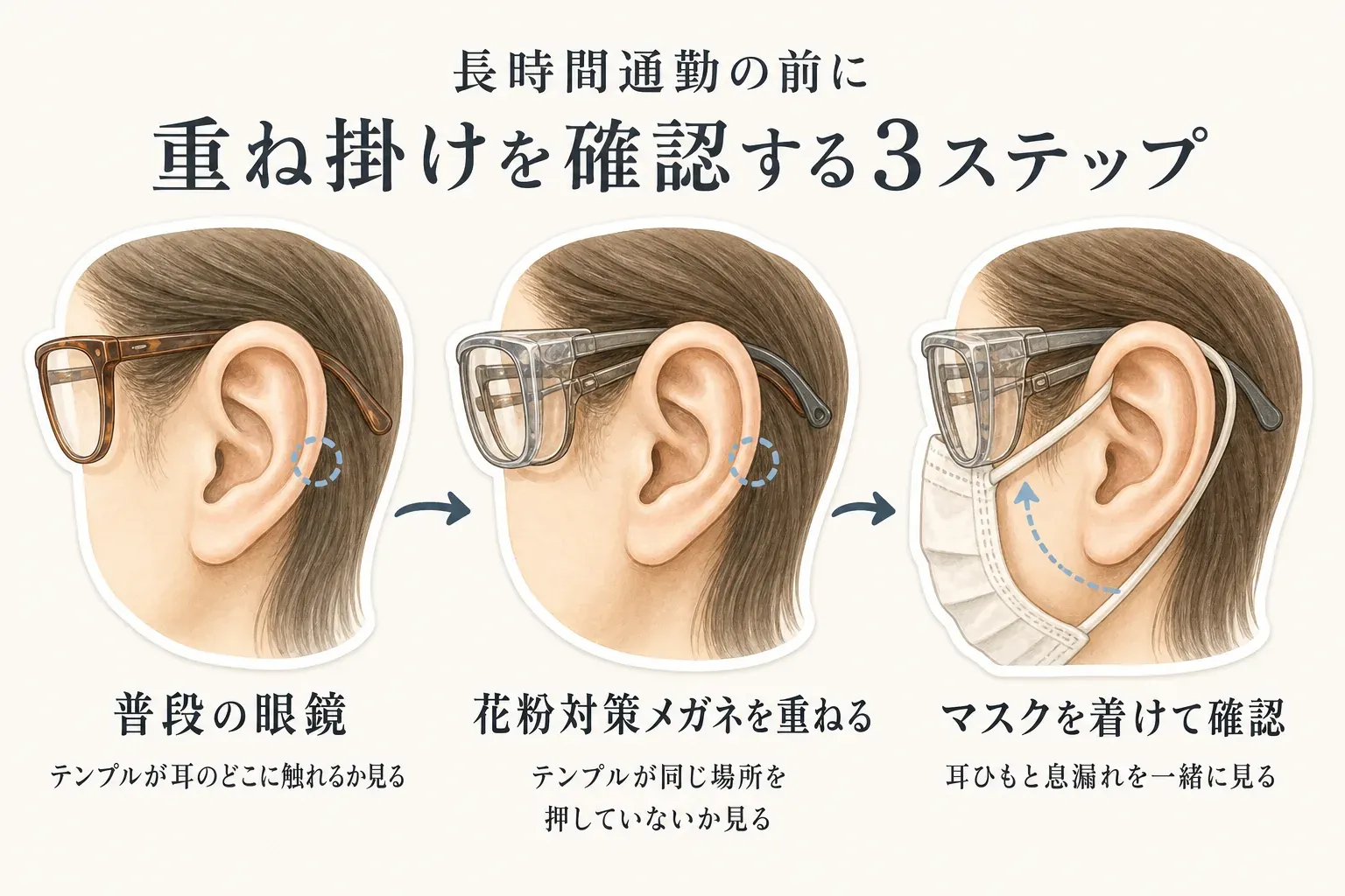 長時間通勤の前に重ね掛けを確認する3ステップ。普段の眼鏡でテンプルが耳のどこに触れるかを見てから花粉対策メガネを重ね、最後にマスクを着けて耳ひもと鼻からの息漏れを確認する様子を示している。