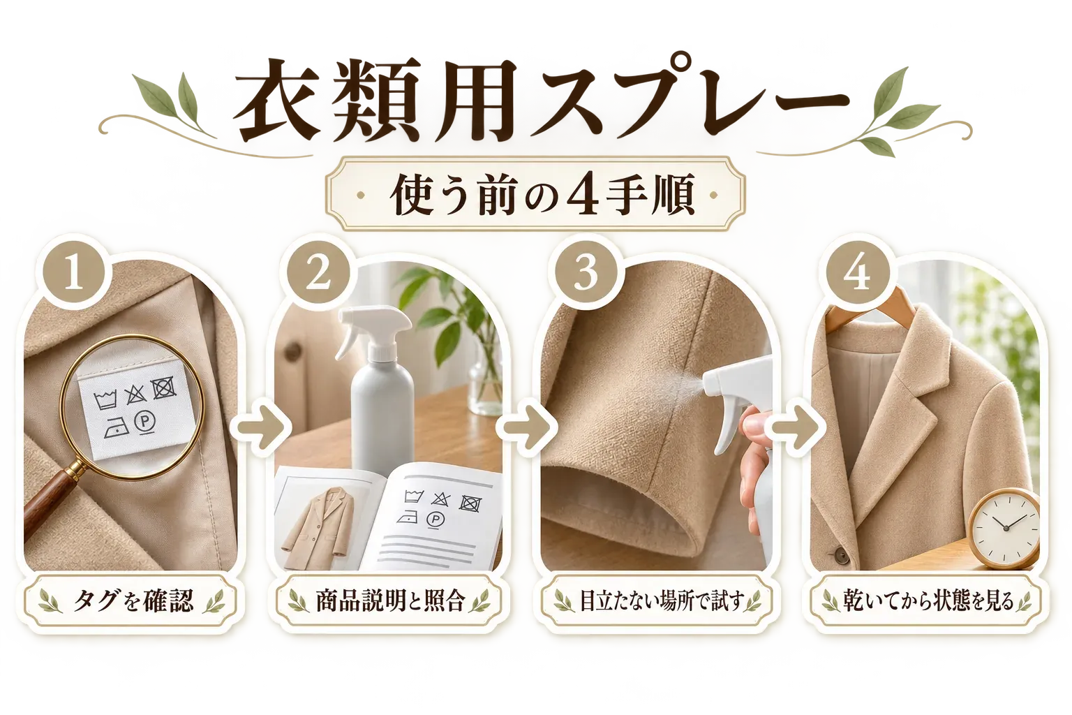 衣類用スプレーを使う前の4手順。衣類タグで洗濯・乾燥・アイロン・クリーニング表示を確認し、スプレーの商品説明と照合してから、目立たない場所で試し、乾いてからコートの状態を見る流れを示している。