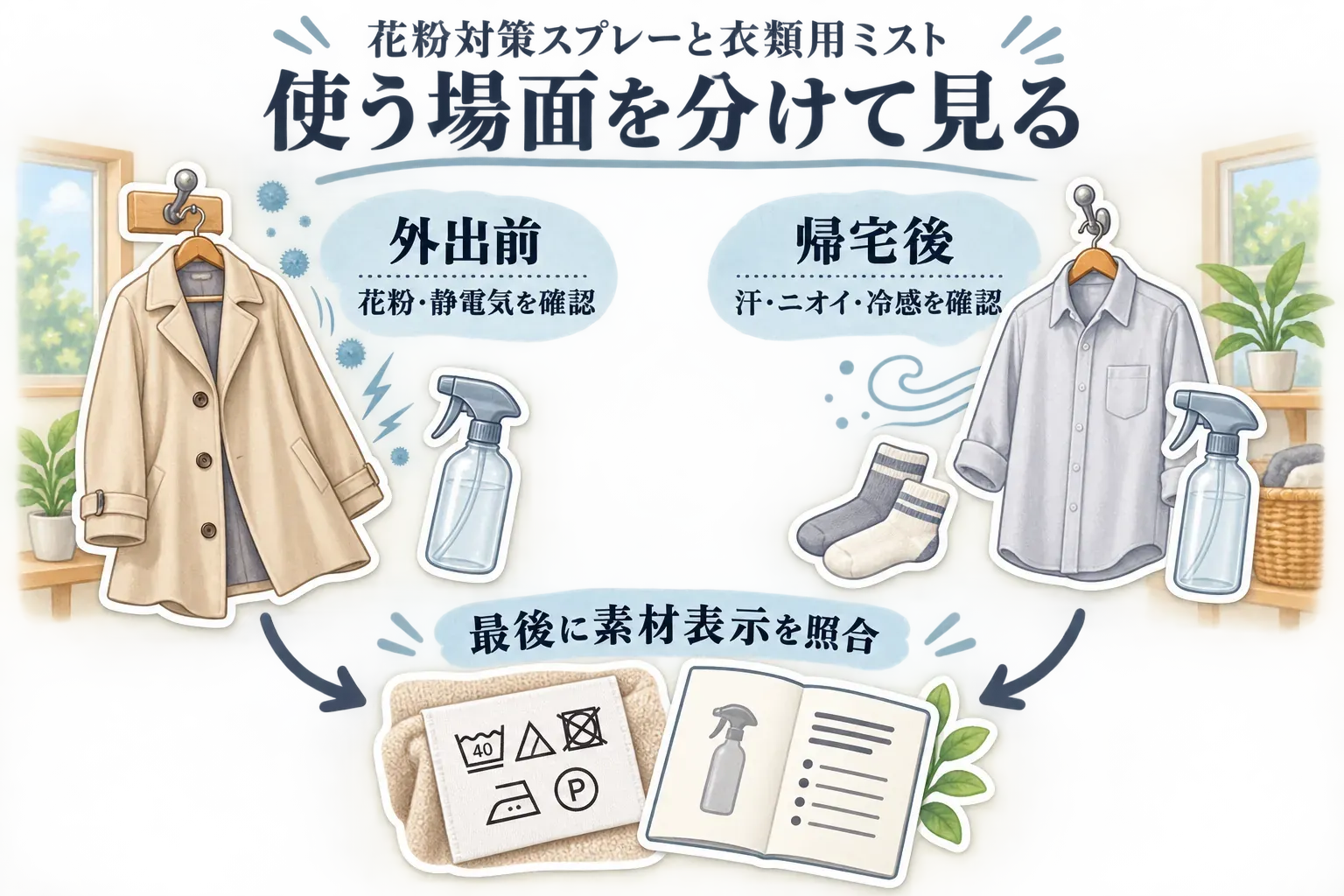 花粉対策スプレーと衣類用ミストの使う場面。外出前はコートに花粉・静電気対策を行い、帰宅後はシャツや靴下の汗・ニオイ・冷感を確認することを示し、どちらも最後に衣類タグの素材表示と商品説明を照合する流れを表している。