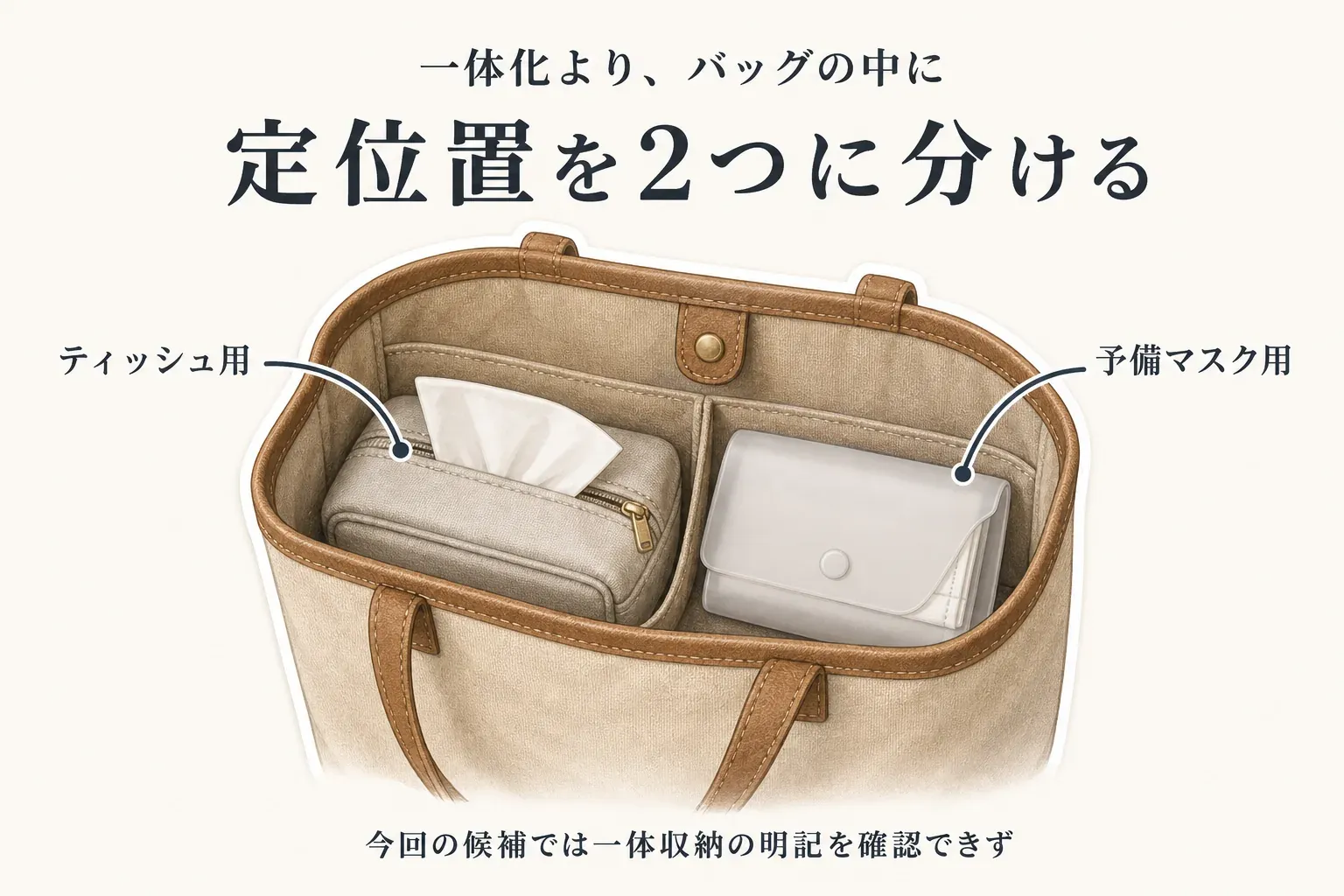バッグの中でティッシュ用ケースと予備マスク用ケースの定位置を2つに分ける例。ティッシュは左側、予備マスクは右側に配置し、今回の候補では一体収納の明記を確認できなかったことを示している。