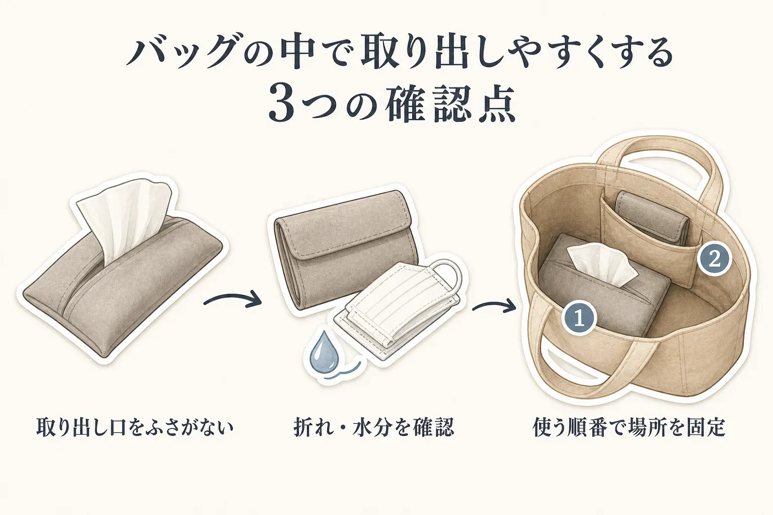 バッグの中で取り出しやすくする3つの確認点。ティッシュケースの取り出し口をふさがないこと、予備マスクケースの折れや水分を確認すること、使う順番に合わせてバッグ内の場所を固定することをイラストで示している。