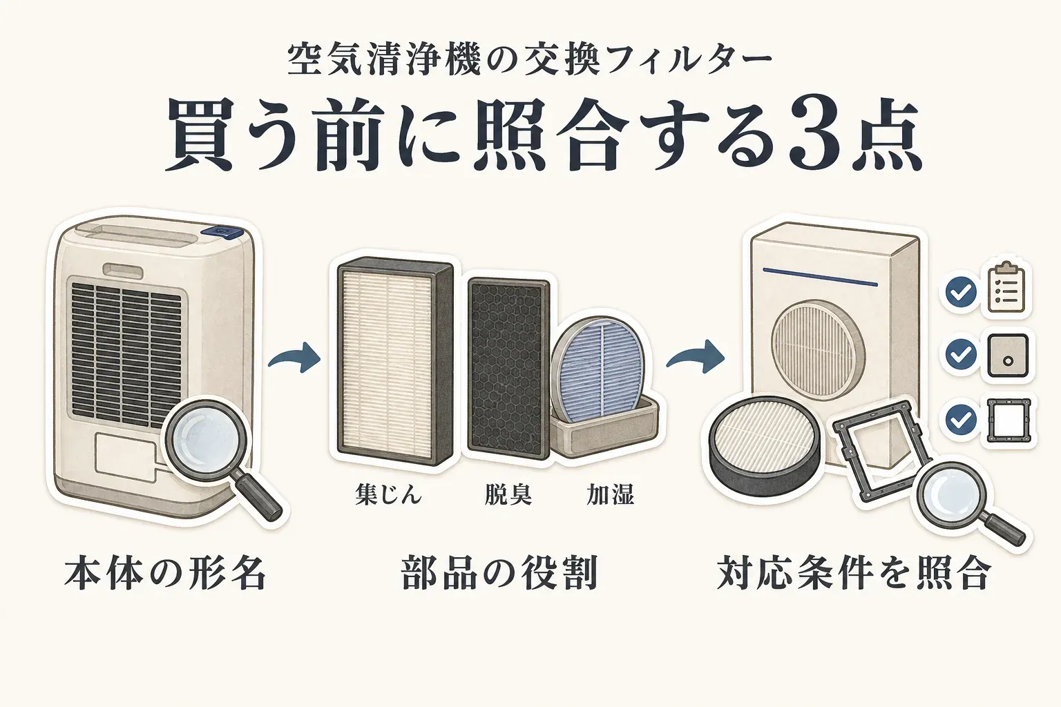 空気清浄機の交換フィルターを買う前に、本体の形名を確認し、集じん・脱臭・加湿のどの部品かを分け、対応機種・形状・枠の有無などの対応条件を照合する3点を、空気清浄機、フィルター、確認項目のイラストで示した図。